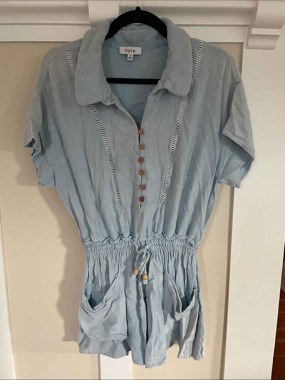 Powder Blue Button-Front Drawstring Romper